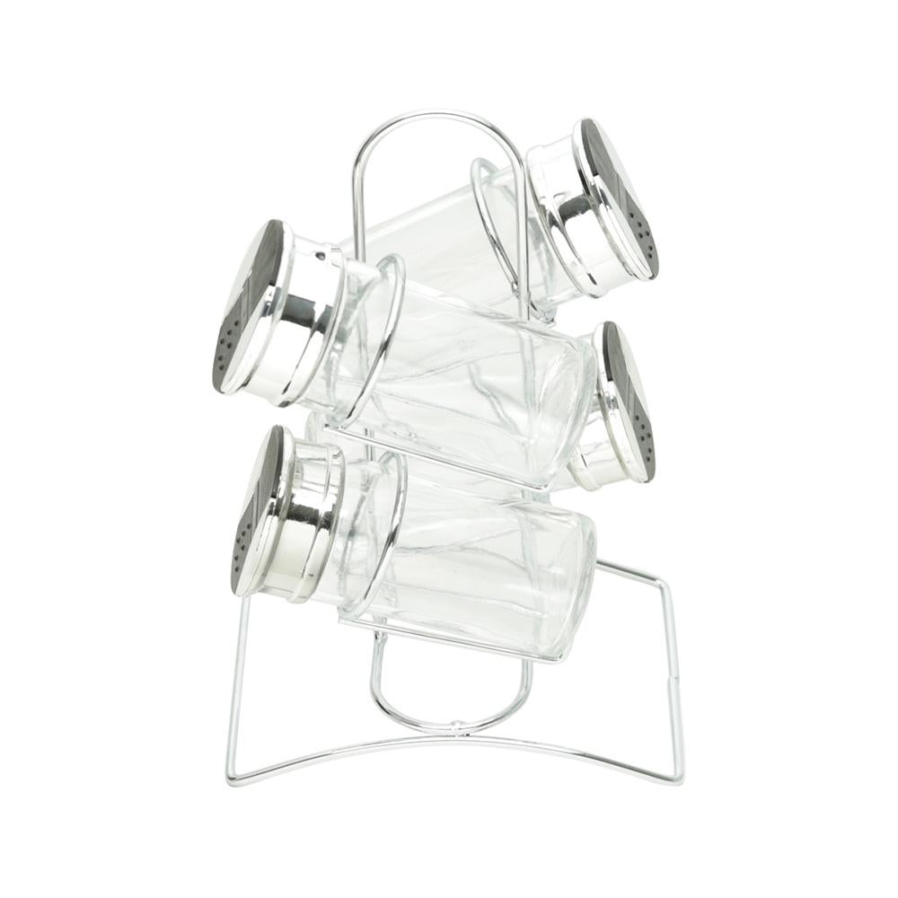 Porta temperos 4 peças de vidro com tampa e suporte de metal Tinno