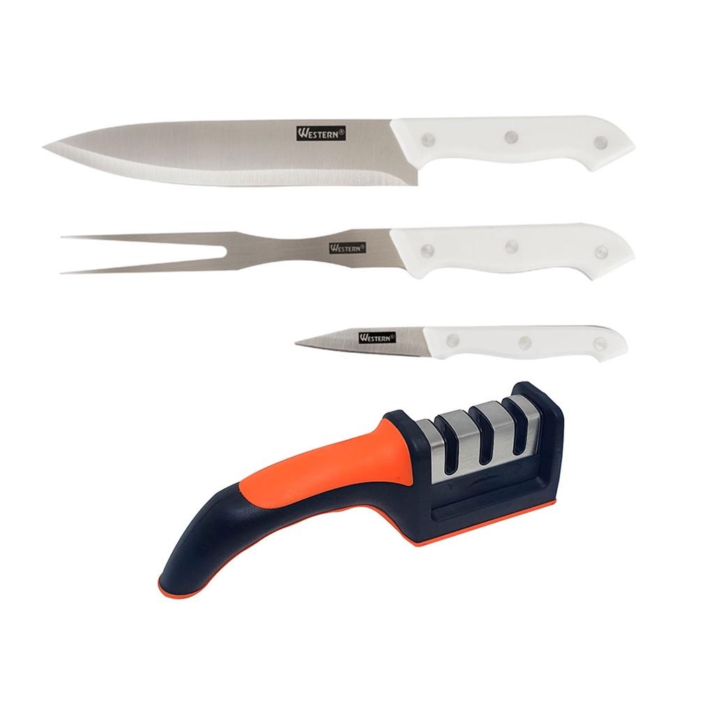 Facas e Garfo Trinchante Western 3 peças com Afiador de facas 21,7cm