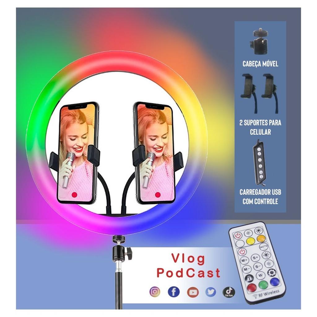 Luminária portátil USB Ring Light Color 12 polegadas, tripé e 2 adaptadores p/ Smartphone