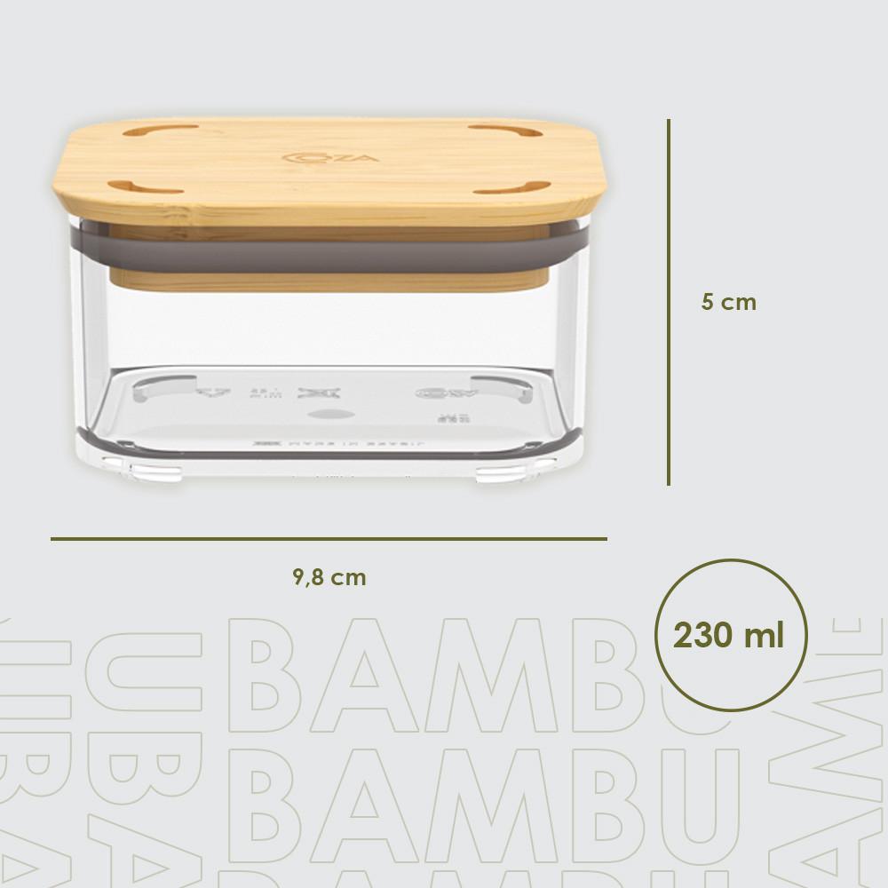 Pote Hermético Quadrado 230ml Tampa Bambu BPA Free Coza