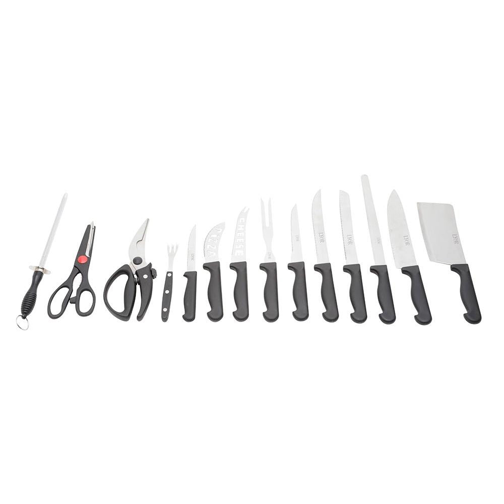 Conjunto com 24 peças garfos e facas para diversos usos de aço inox e cabo baquelite