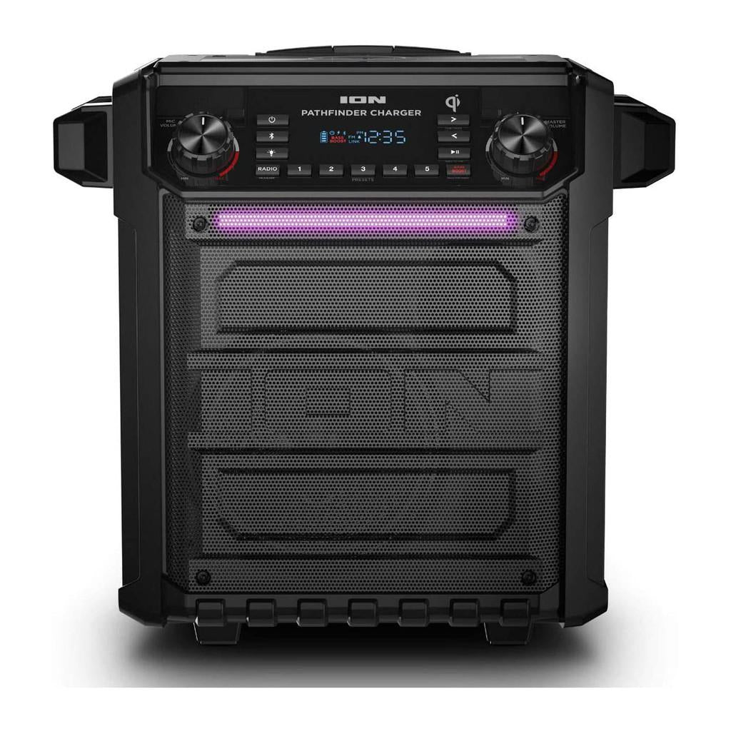 Caixa de Som 100W, Bluetooth, AM/FM, microfone, bateria recarregável e QI p/ Smartphone