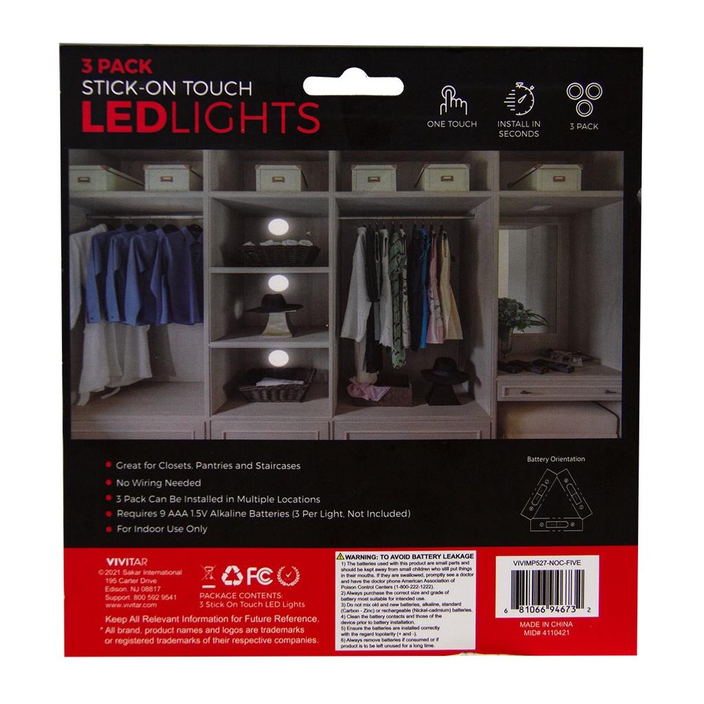 Kit de 3 lâmpadas LED adesiváveis e de acionamento por toque