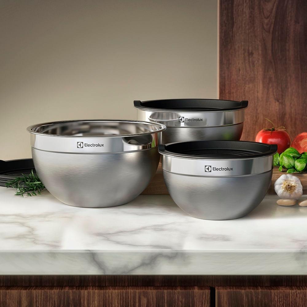 Conjunto de Bowls de Inox com tampa plástica