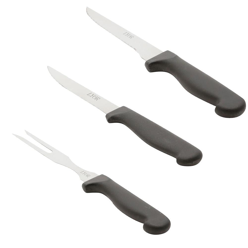 Conjunto com 24 peças garfos e facas para diversos usos de aço inox e cabo baquelite