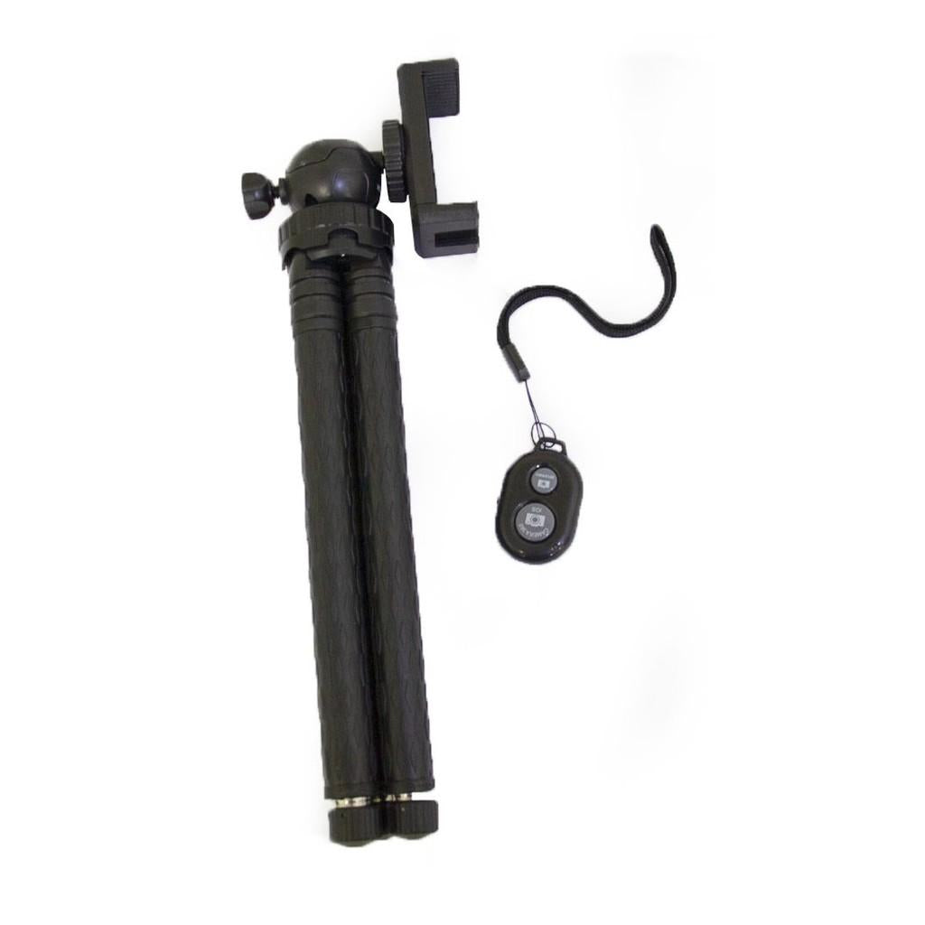 Tripé com altura até 106 cm, controle remoto sem fio e adaptador para Smartphone