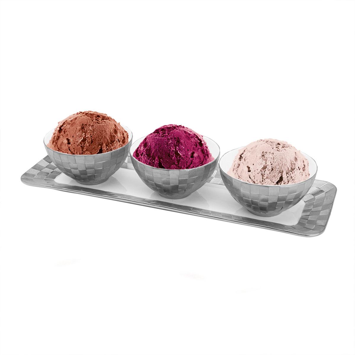 Conjunto com 3 petisqueiras porcelana e bandeja Vera silver 35x12x2cm