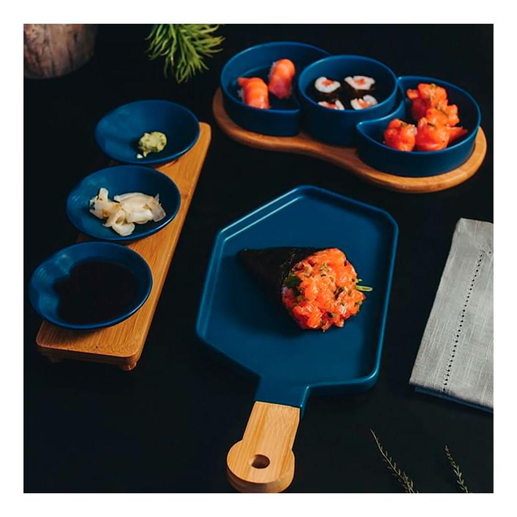 Petisqueira em porcelana com cabo bambu Azul Matt 40x19x2cm