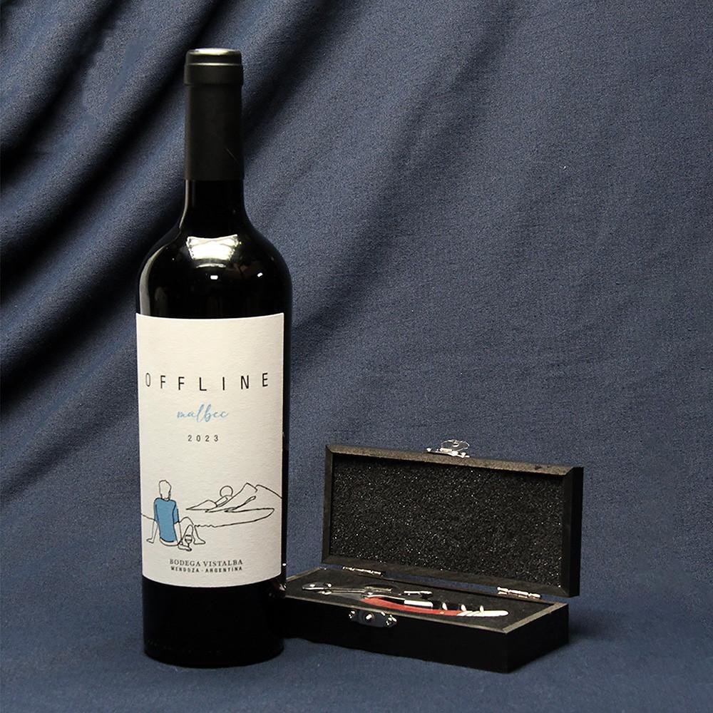 Kit Vinho Offline Malbec E Saca-rolhas Premium Com Caixa Luxo