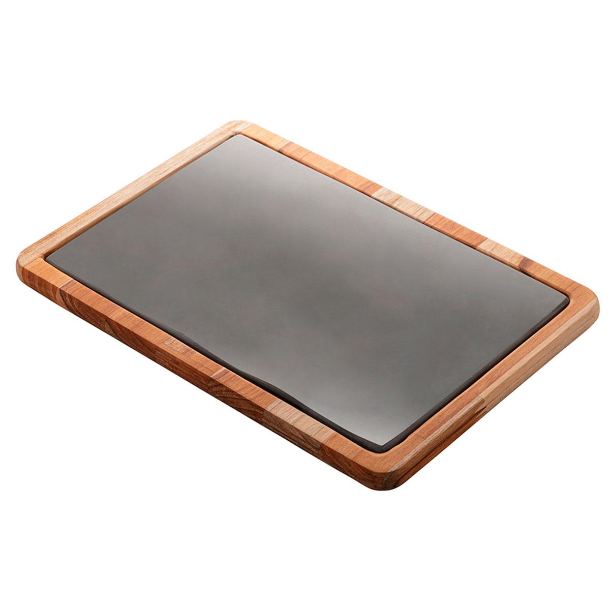 Tábua madeira teca retangular com pedra ardósia 34x24x2cm