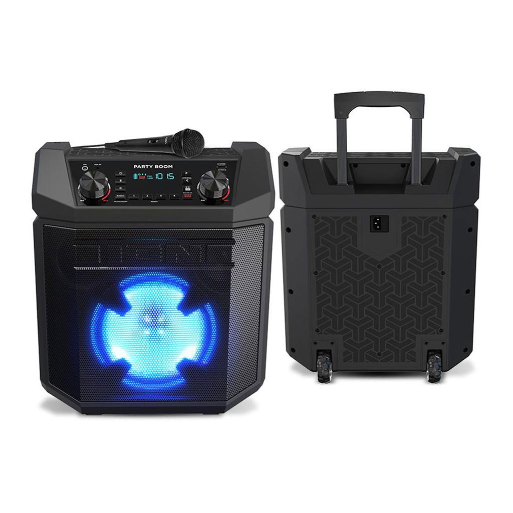 Caixa de Som 100W, sem fio, AM/FM, bateria recarregável, microfone e luzes ritmicas