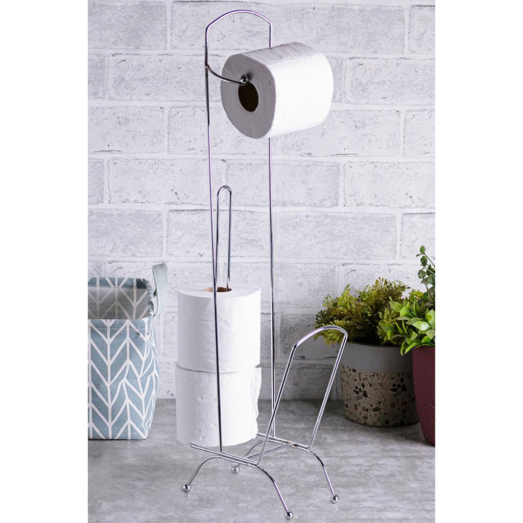 Porta papel higiênico de metal cromado para 4 rolos com porta revista - 15,8x18,2x66cm