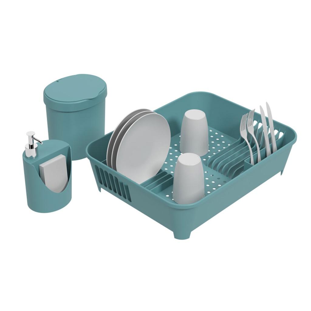 Kit Escorredor + Lixeira + Dispenser -Azul