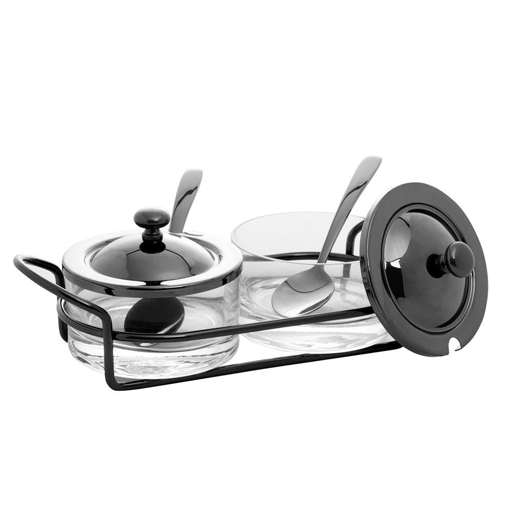 Porta Geléia de vidro com suporte e colher de aço Italy Black 24x10x8cm