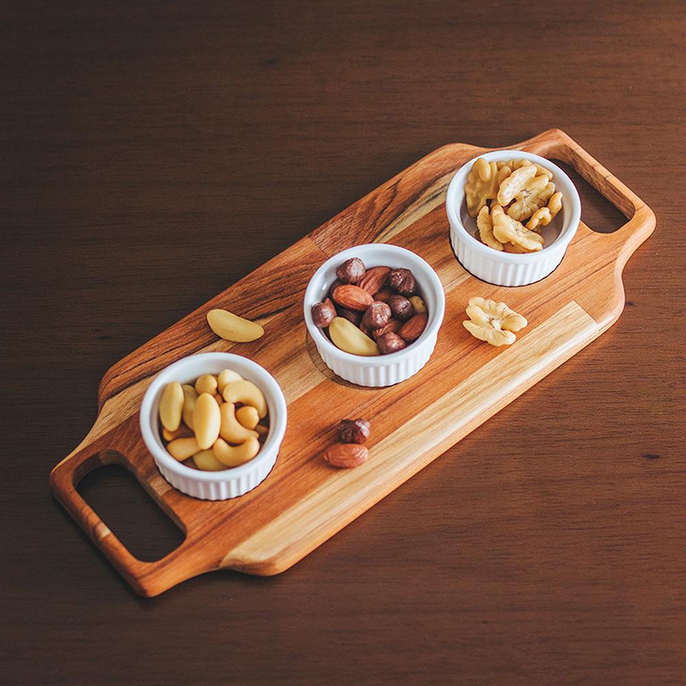 Tábua em madeira Teca com 3 petisqueiras em porcelana 36x15x5cm