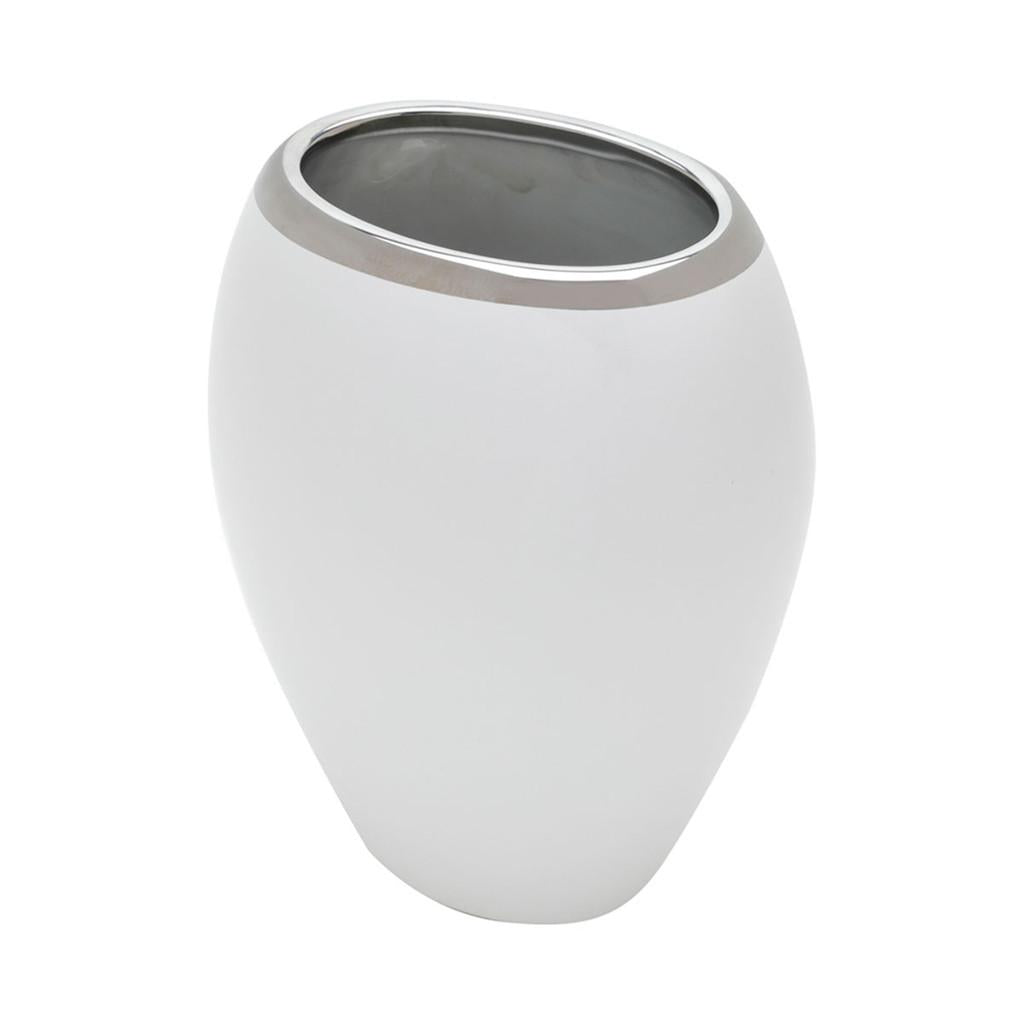 Vaso Decorativo em Cerâmica 13 cm x10 cm x 15 cm na cor Branca com Detalhe em Cinza