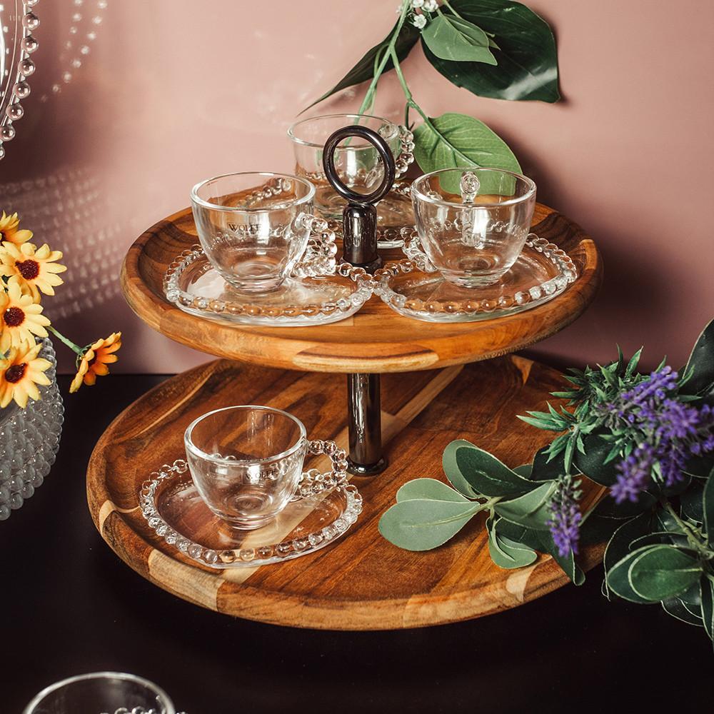 Prato de 2 andares para doce em madeira Teca