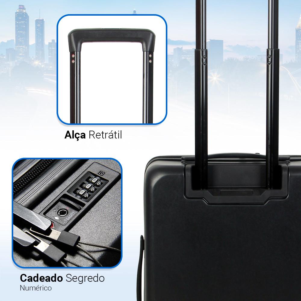 Mala ABS Atlanta P Preta Bordo Com Bolso Laptop 4 Rodas 360º Isibrás