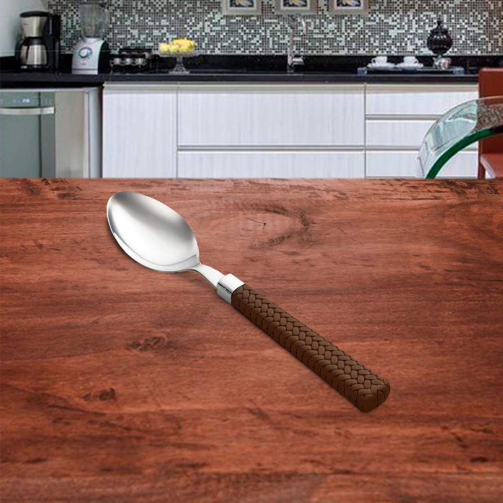 Conjunto com 6 colheres p/chá de aço inox c/cabo de plástico rattan marrom 16cm