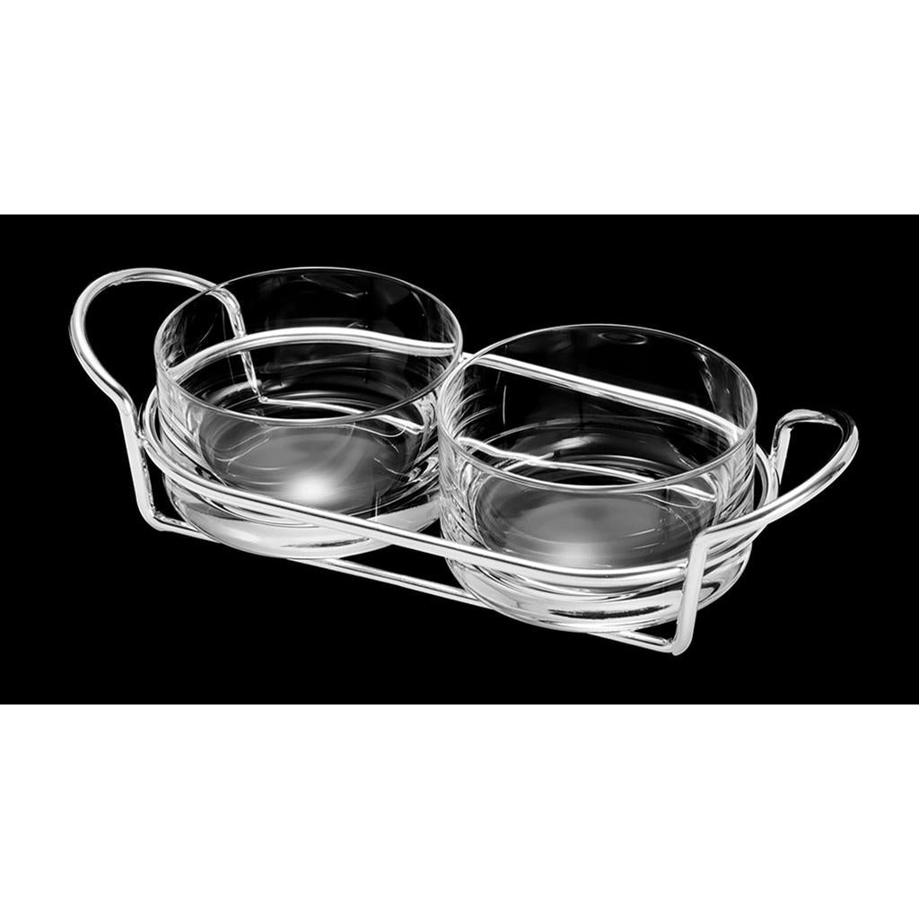 Petisqueira dupla de vidro e prata c/suporte Italy 24x10x8cm