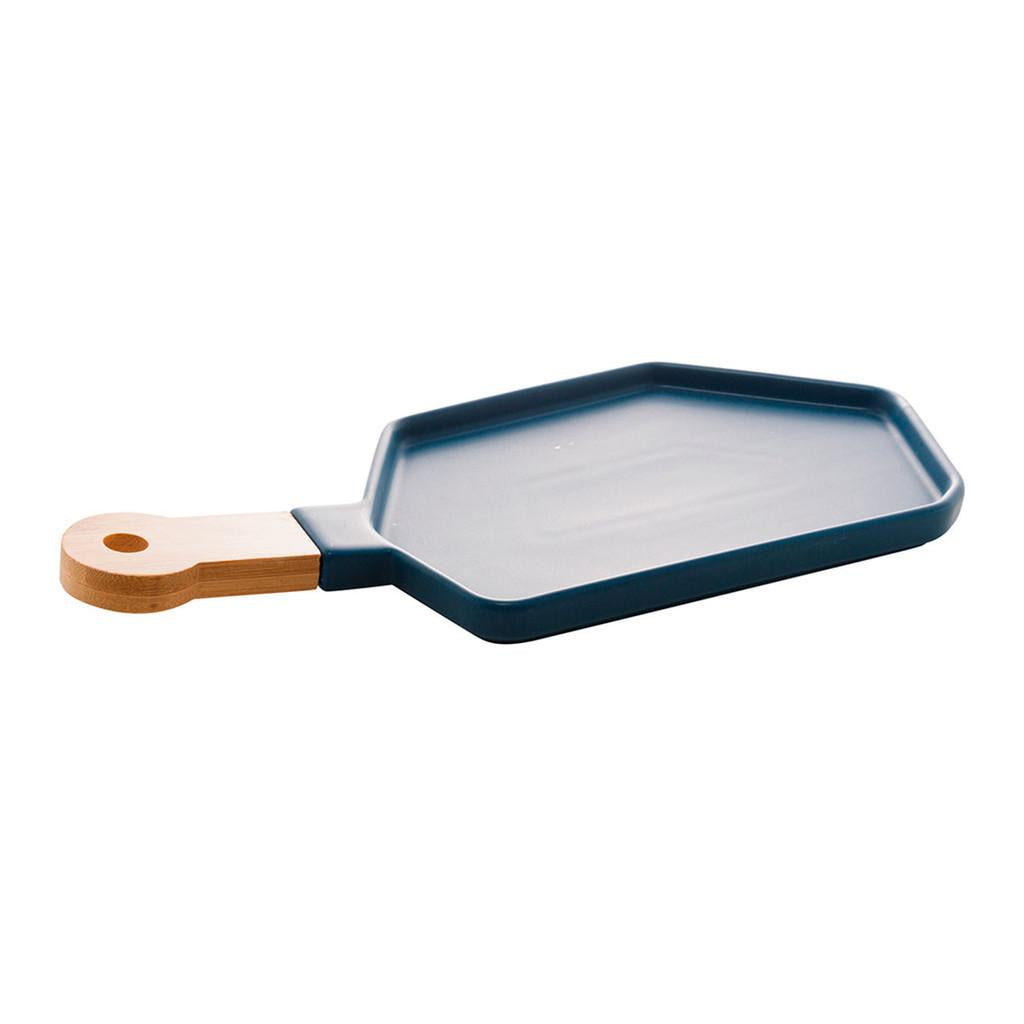 Petisqueira em porcelana com cabo bambu Azul Matt 40x19x2cm