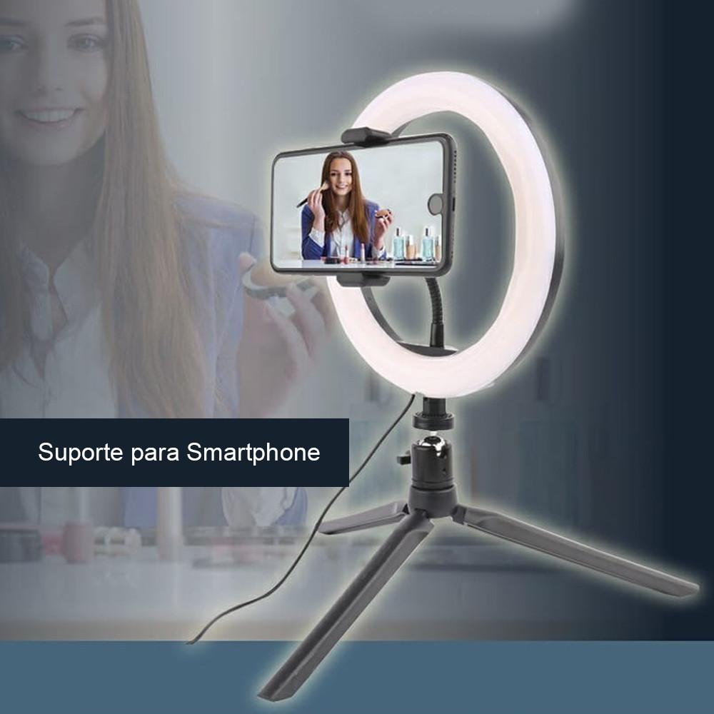 Ring Light de 8 polegadas c/ 3 Iluminações, Tripé, Suporte p/ Smartphone e Controle Remoto