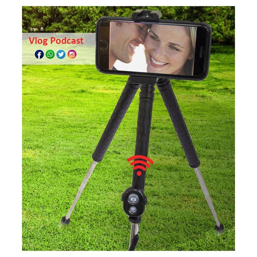 Tripé com altura até 106 cm, controle remoto sem fio e adaptador para Smartphone