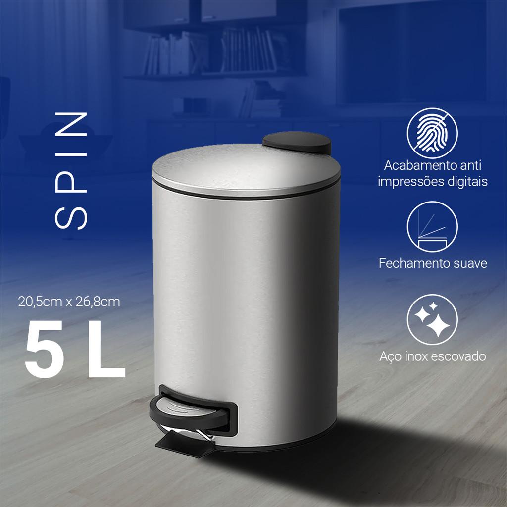 Lixeira Pedal e Balde 5L Aço Inox Escovado Spin Brinox