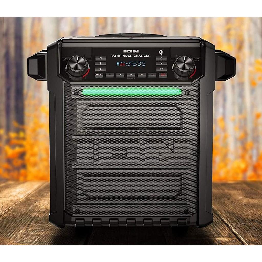 Caixa de Som 100W, Bluetooth, AM/FM, microfone, bateria recarregável e QI p/ Smartphone