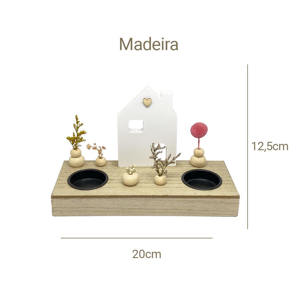 Peça Décor De Mesa Madeira Com Vasinhos, Flores E Suporte 2 Velas 20x12,5cm