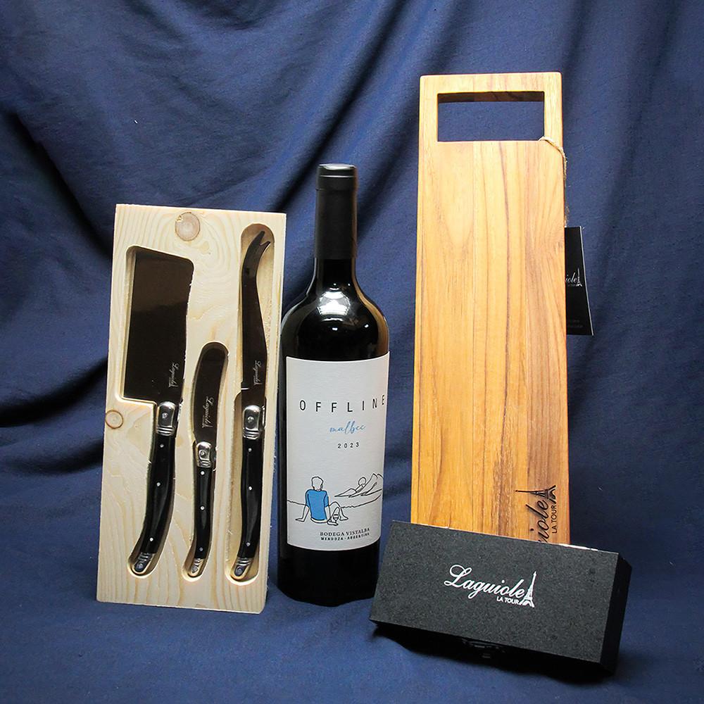 Kit Vinho Malbec Vistalba, Saca-rolhas, Tábua E Facas Para Queijo De Luxo