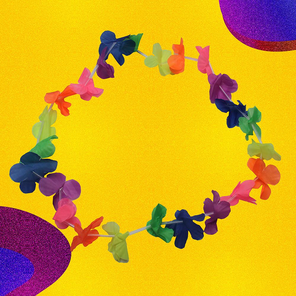 Colar Havaiano Carnaval Colorido Flores Poliéster Silver Festas