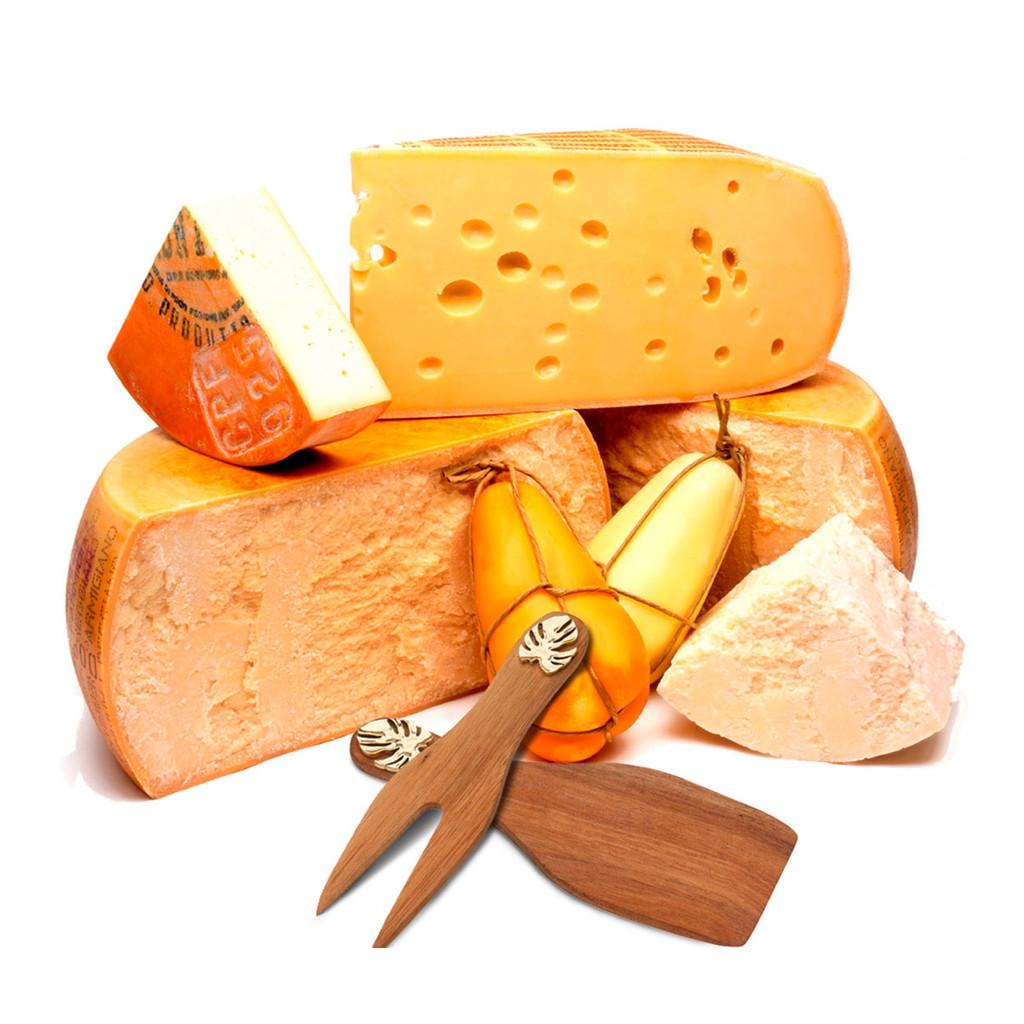 Conjunto com 4 peças p/queijo madeira acácia Costela de Adão dourado