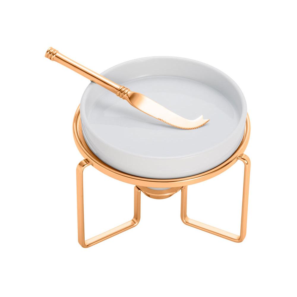Rechaud de Porcelana P/Queijo C/Faca e Suporte de Aço Rose 14X12Cm
