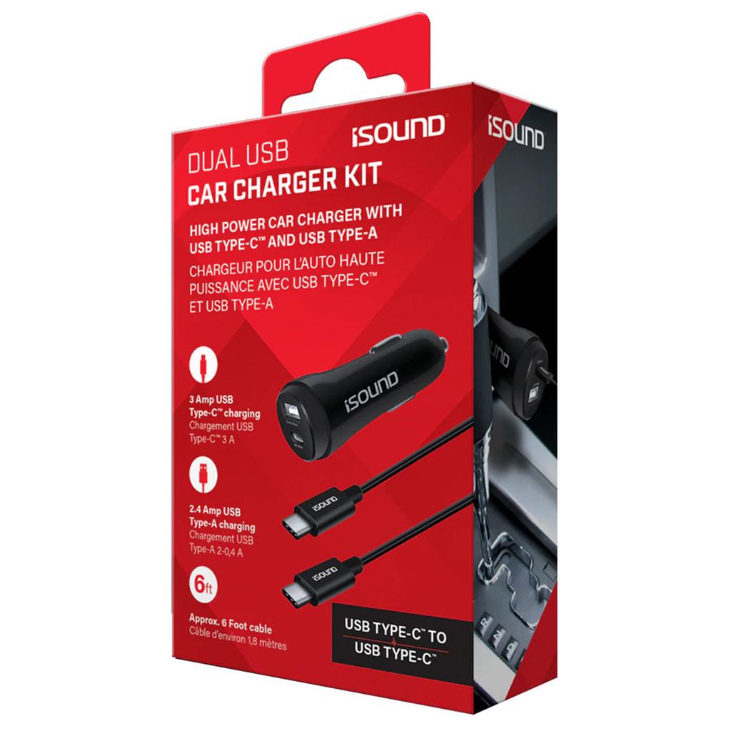 Carregador veicular 2 x USB e cabo USB-C com 1,80 m