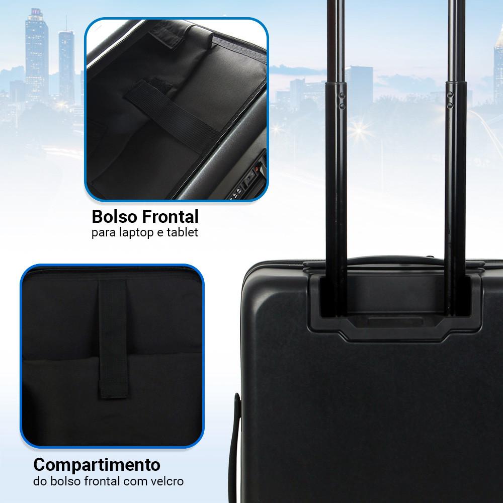 Mala ABS Atlanta P Preta Bordo Com Bolso Laptop 4 Rodas 360º Isibrás