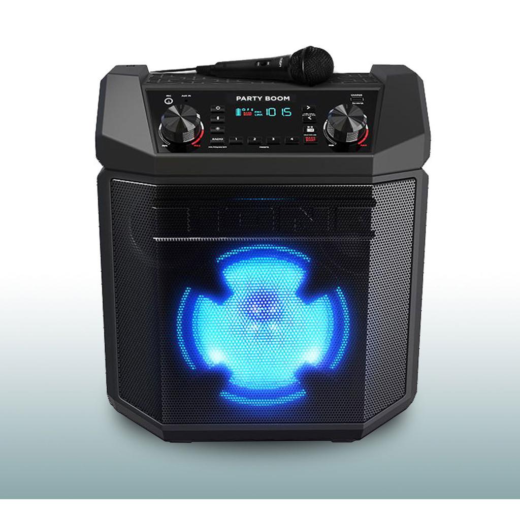Caixa de Som 100W, sem fio, AM/FM, bateria recarregável, microfone e luzes ritmicas