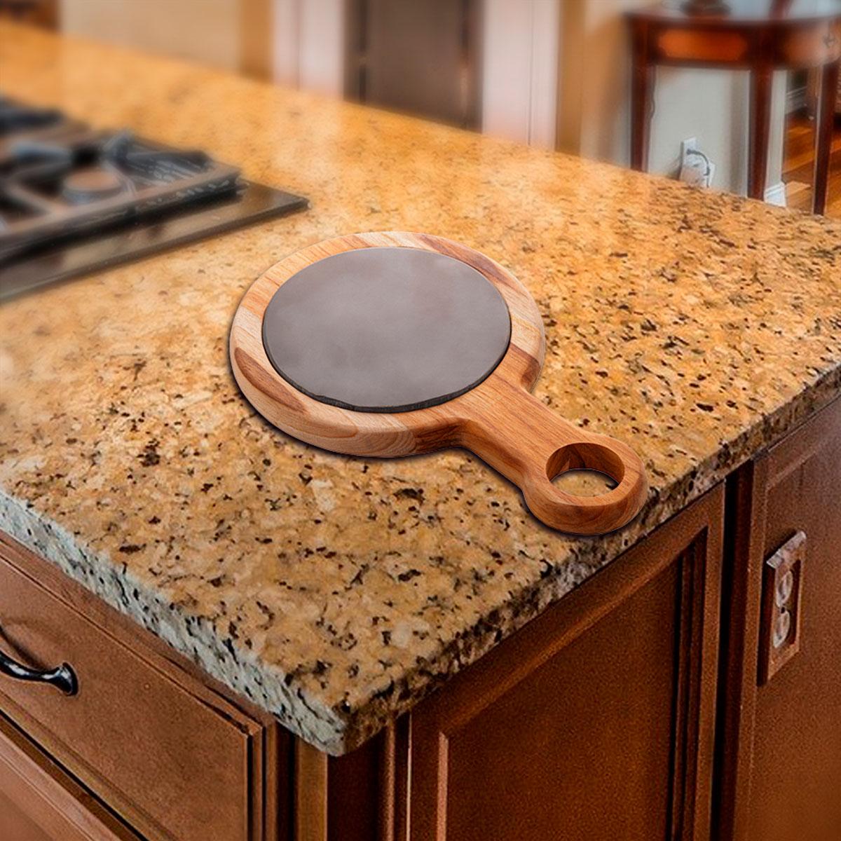 Tábua redonda em madeira teca com pedra ardósia 25x15x2cm