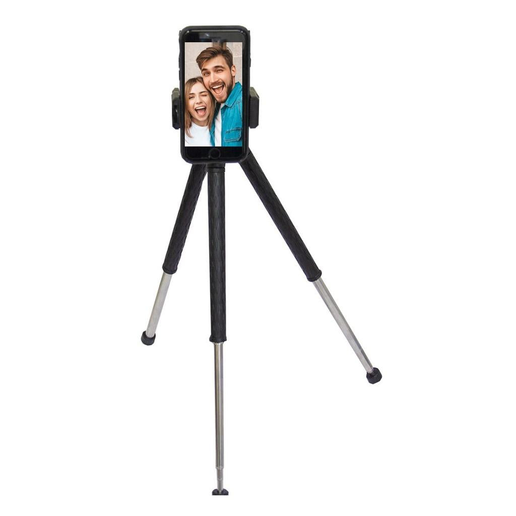 Tripé com altura até 106 cm, controle remoto sem fio e adaptador para Smartphone