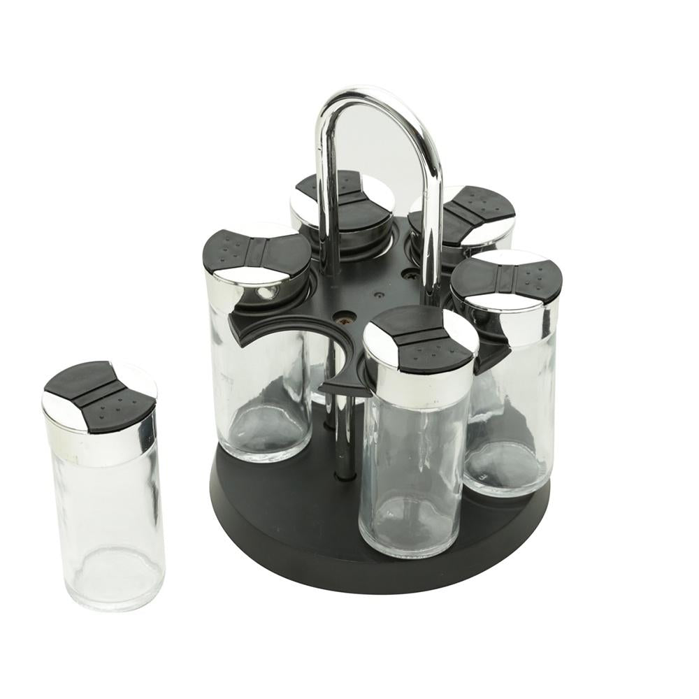 Porta temperos 6 peças de vidro com tampa e base giratória preta Luigi