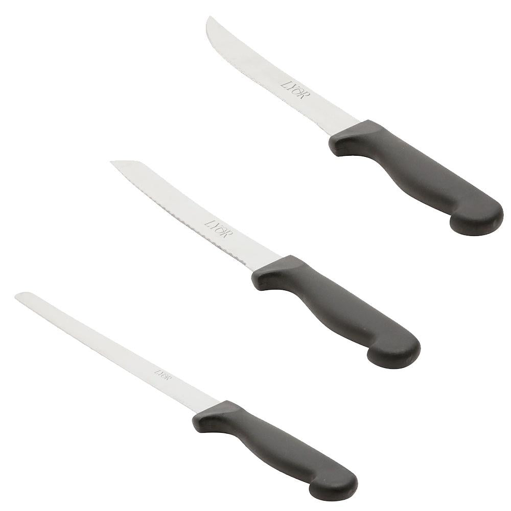 Conjunto com 24 peças garfos e facas para diversos usos de aço inox e cabo baquelite