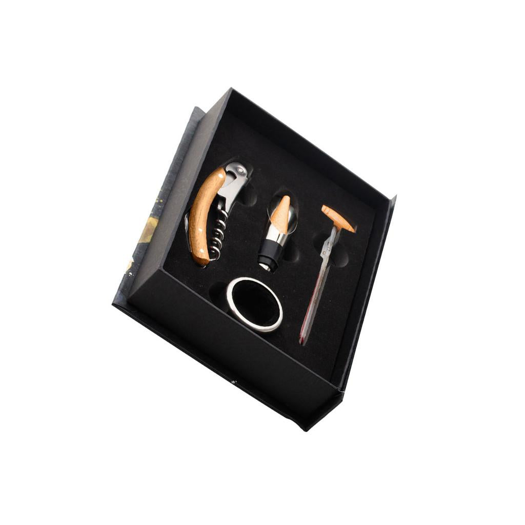Conjunto com 4 peças em aço inox para vinho com caixa