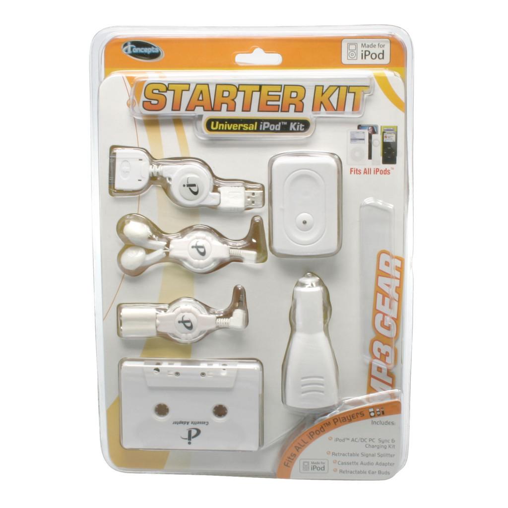 Kit universal para iPod: Carregadores, cabos retráteis e fita cassete
