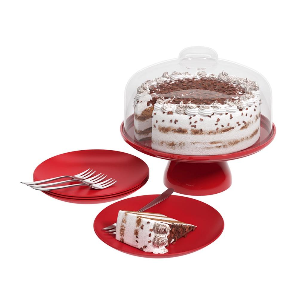 Kit Boleira + 4 Pratos + 4 Garfos-Vermelho