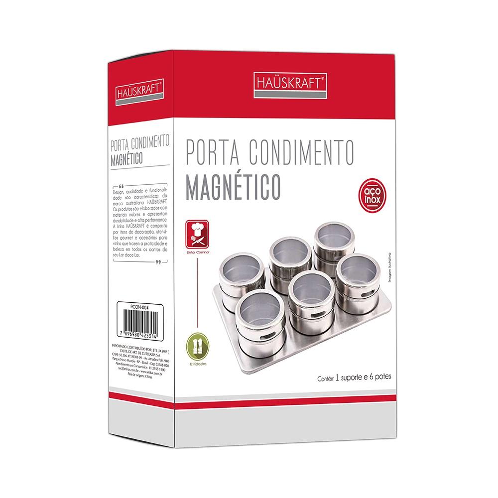Porta Condimento 6 potes de aço inox com visor e suporte magnético retangular