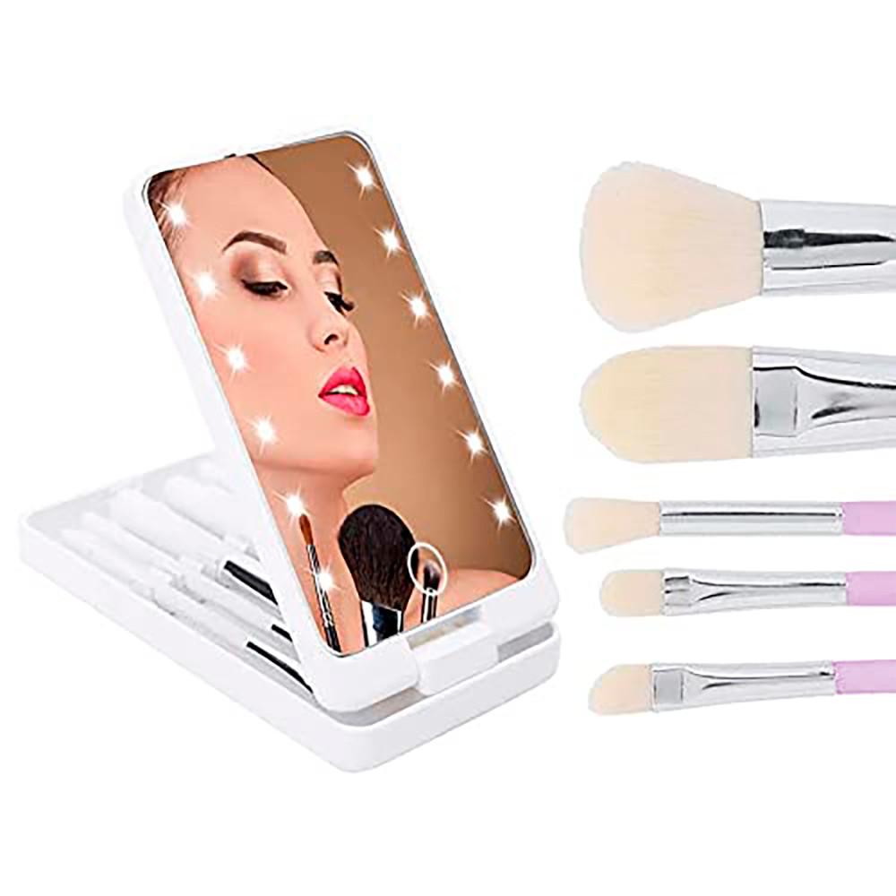 Espelho portátil Hollywood by Vivitar com 12 Leds e 5 pincéis para maquiagem