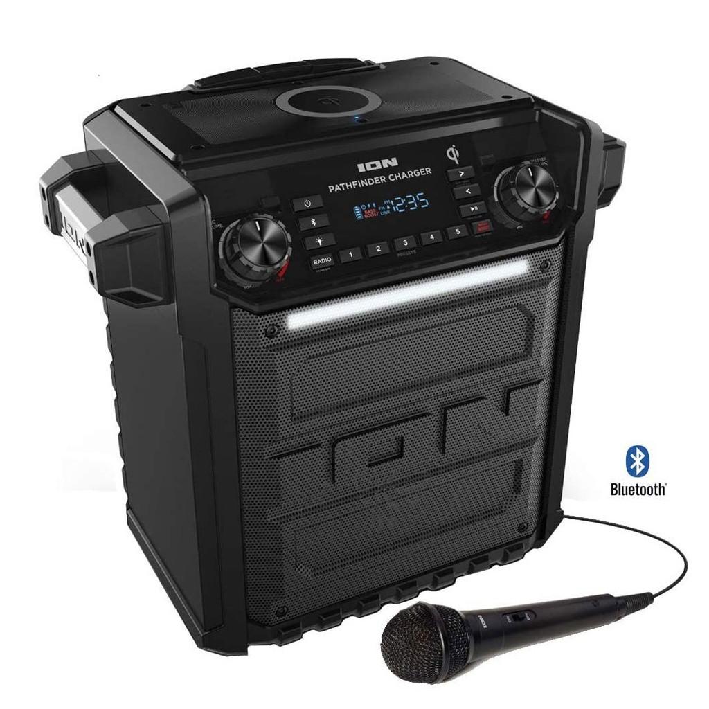Caixa de Som 100W, Bluetooth, AM/FM, microfone, bateria recarregável e QI p/ Smartphone