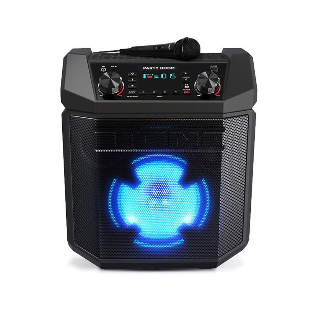 Caixa de Som 100W, sem fio, AM/FM, bateria recarregável, microfone e luzes ritmicas