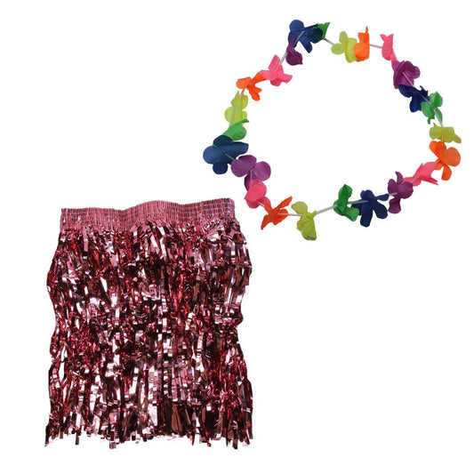 Saia Havaiana Metalizada 40cm Mais Colar Brilho No Carnaval