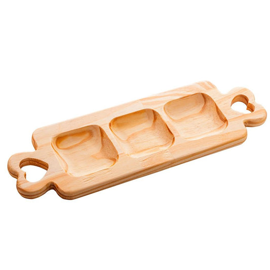 Petisqueira com 3 divisórias em madeira pinus com alça coração 40x13x2cm